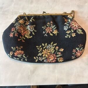 Vintage Floral Tapestry Purse Black Clutch Gold Frame Chain Evening Bag